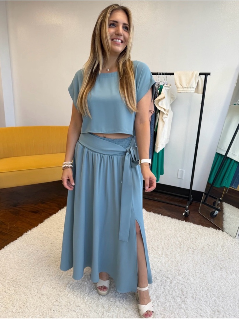 Zenana Blue Women's Maxi Skirt with Waist Tie and Oversized Cropped Blouse